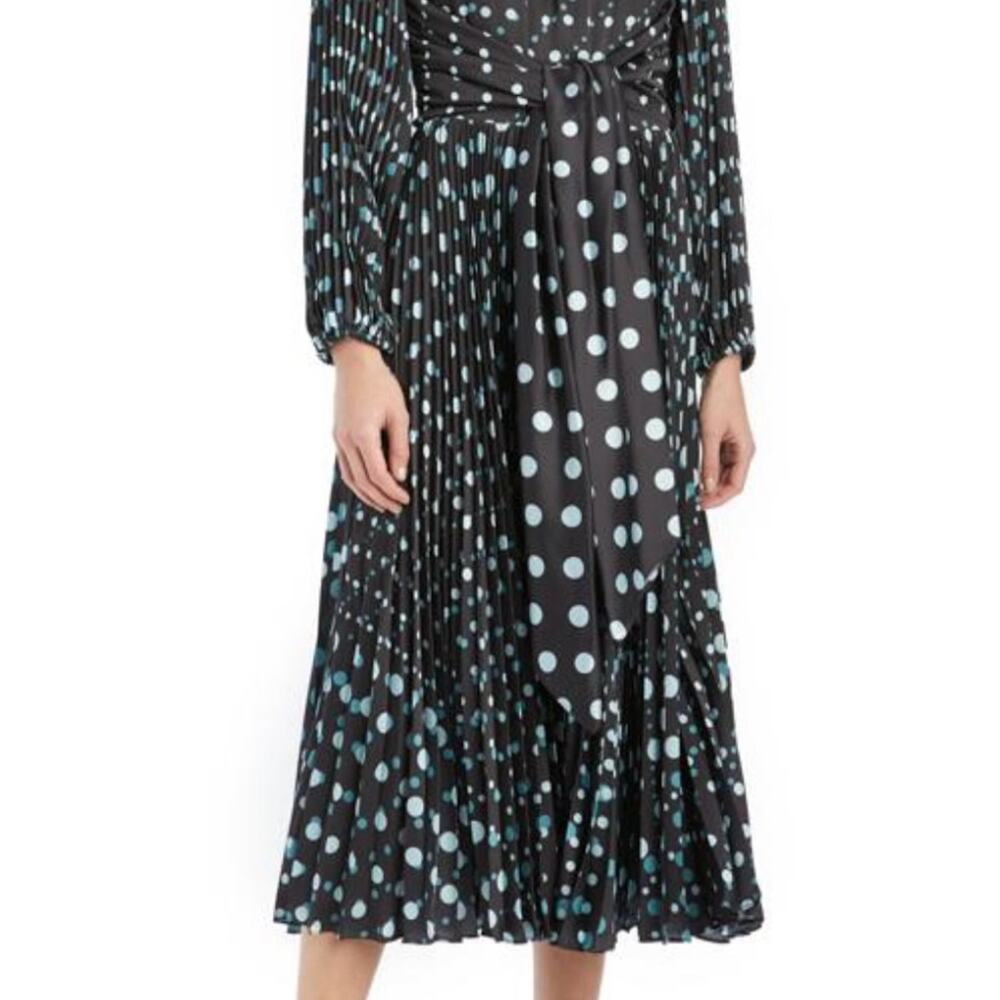 Monique Lhuillier Printed Mint Dots on Black Midi Dress Size 6 Pleated Skirt